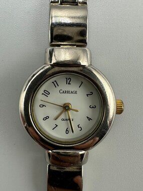 3/$30 Carriage Watch Women Silver Tone White Small Dial 21MM New Battery 6.5"